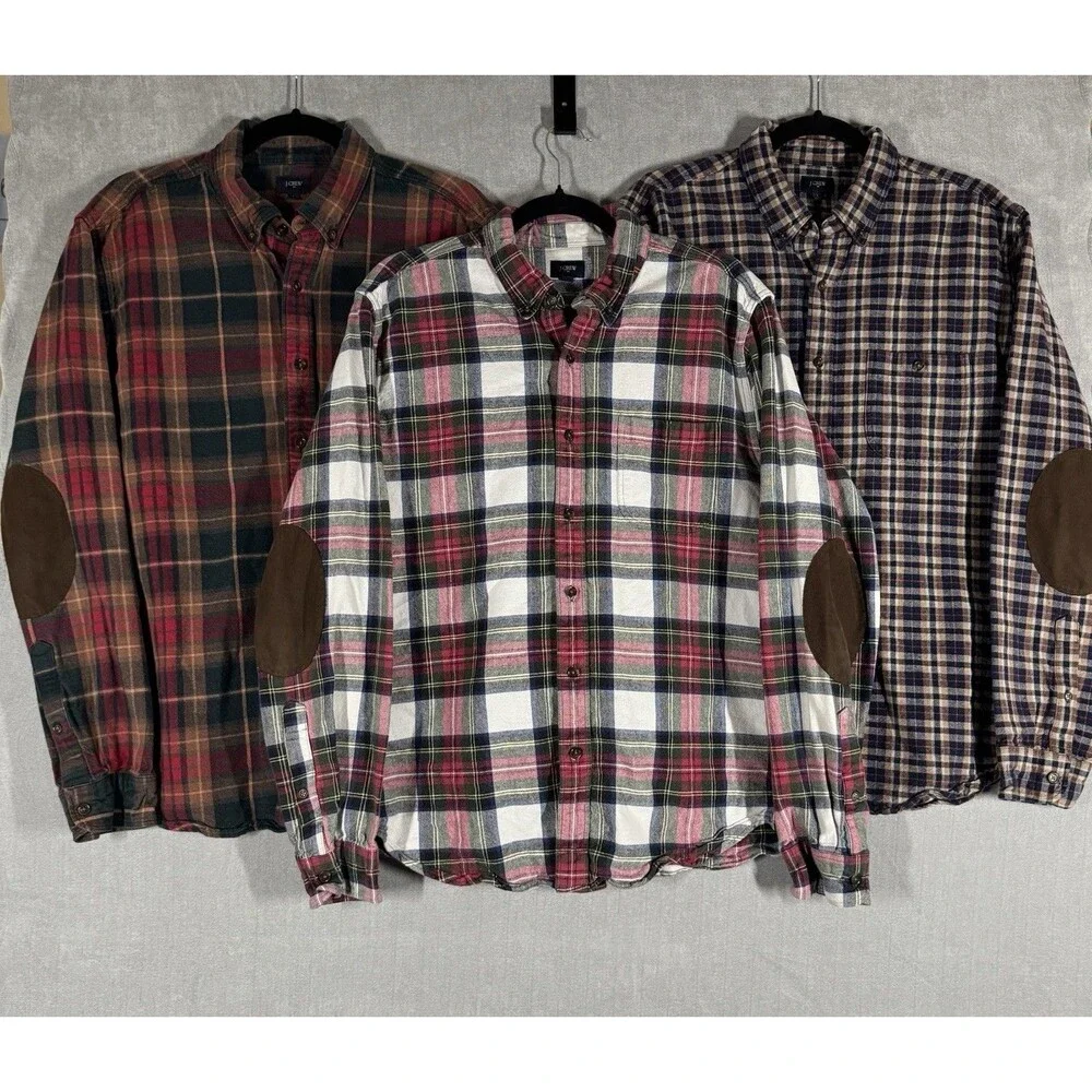 J Crew Cotton Plaid Rugged Flannel Shirt F4557 Elbow Patches Mens **Lot Of 3**